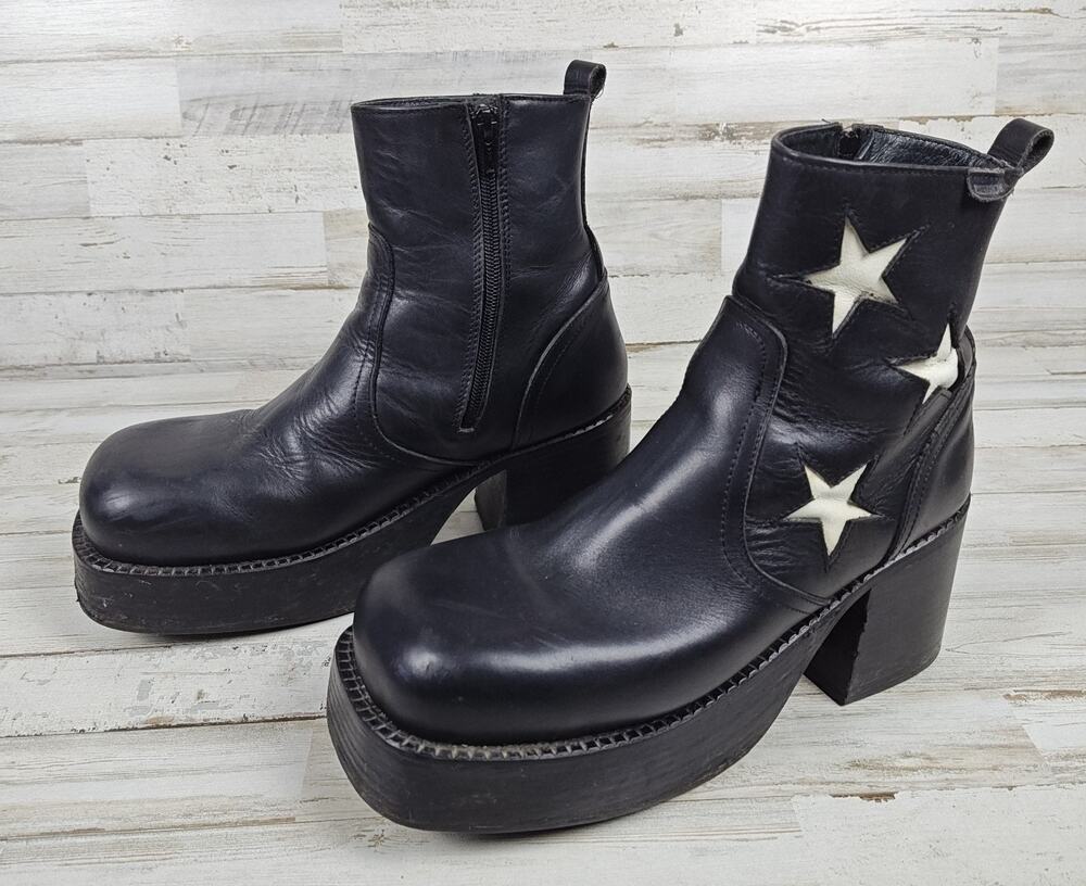 Vintage Y2K DESTROY EU 43 Black Leather Platform Boots Star Goth Grunge Chunky